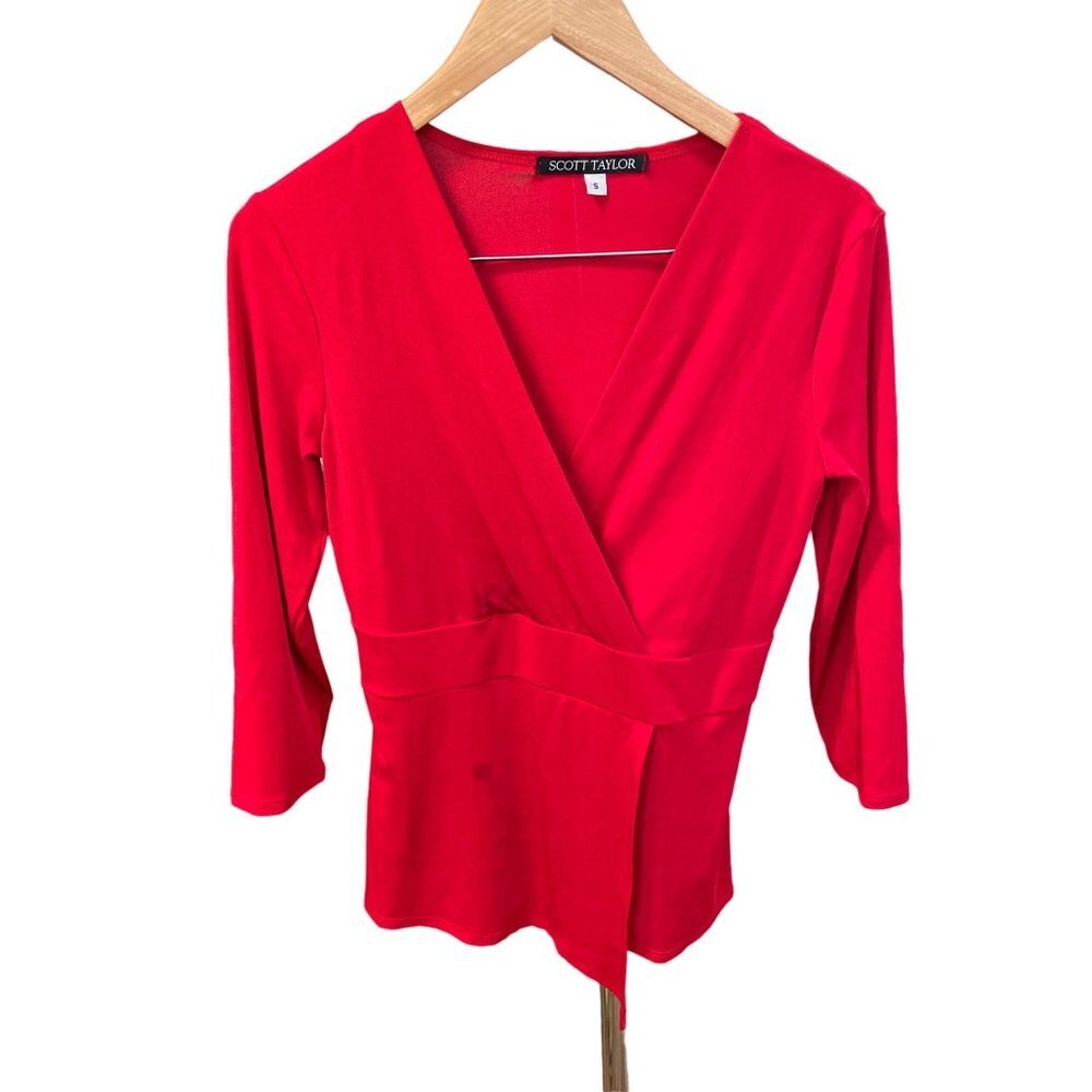 Scott Taylor Red Faux Wrap V Neck 3/4 Sleeve Top Sz S